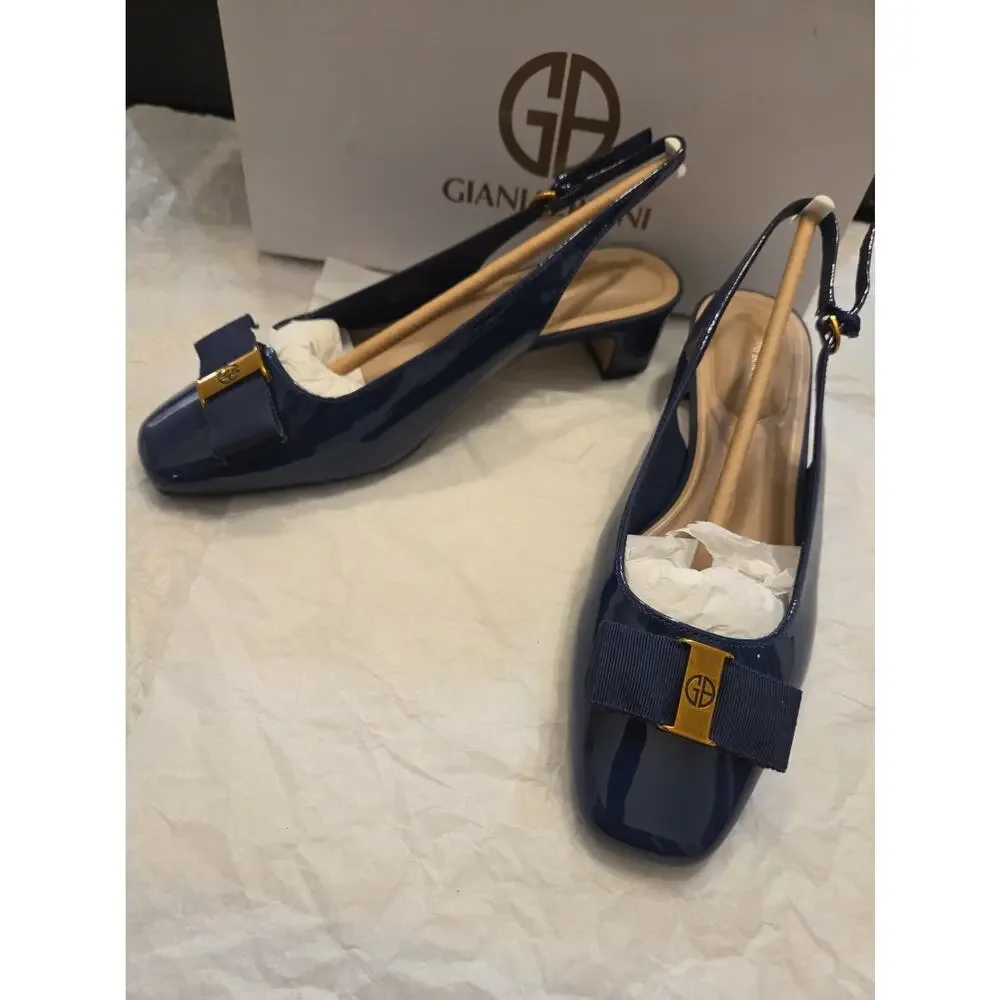 Women's Giani Bernini Battah Block Heel Slingback Pumps Navy Patent Us 6.5